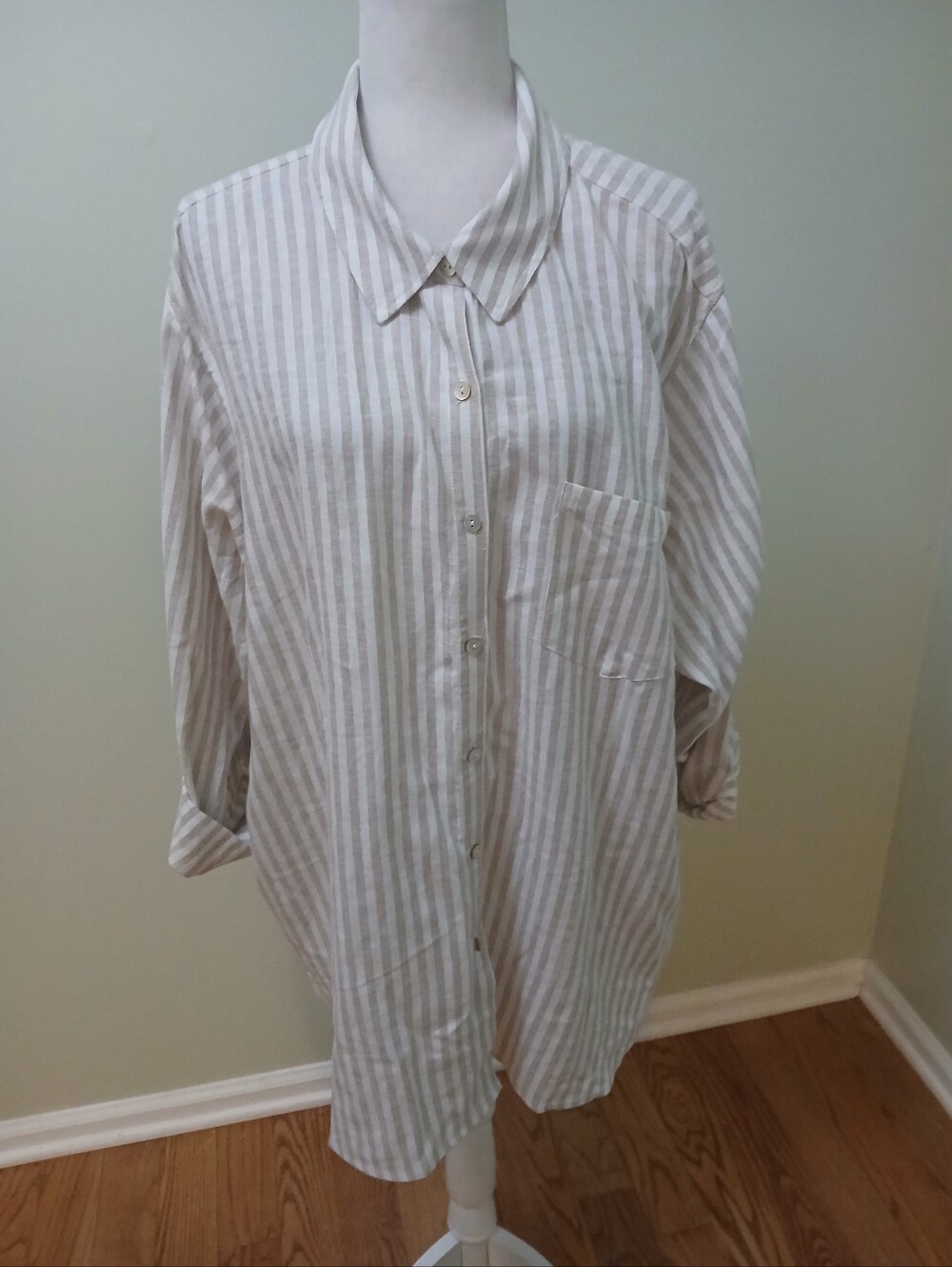 Susan Graver Pure Linen Blend Roll Tab Sleeve Tunic Blouse Top